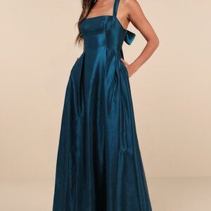 Lulus Immaculate Aura Shiny Dark Teal Taffeta Maxi Dress With Pockets Blue